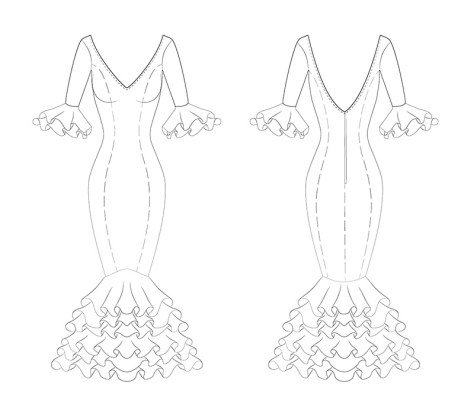 Dibujo en Plano de Traje de Flamenca