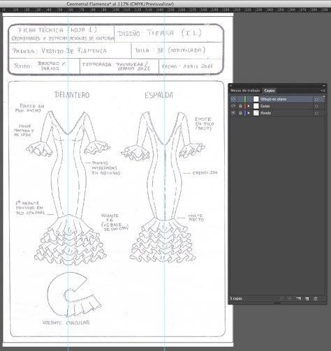 Dibujo en Plano de Traje de Flamenca
