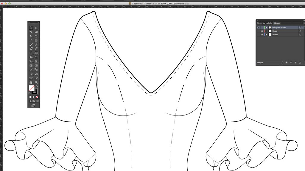 Dibujo en Plano de Traje de Flamenca